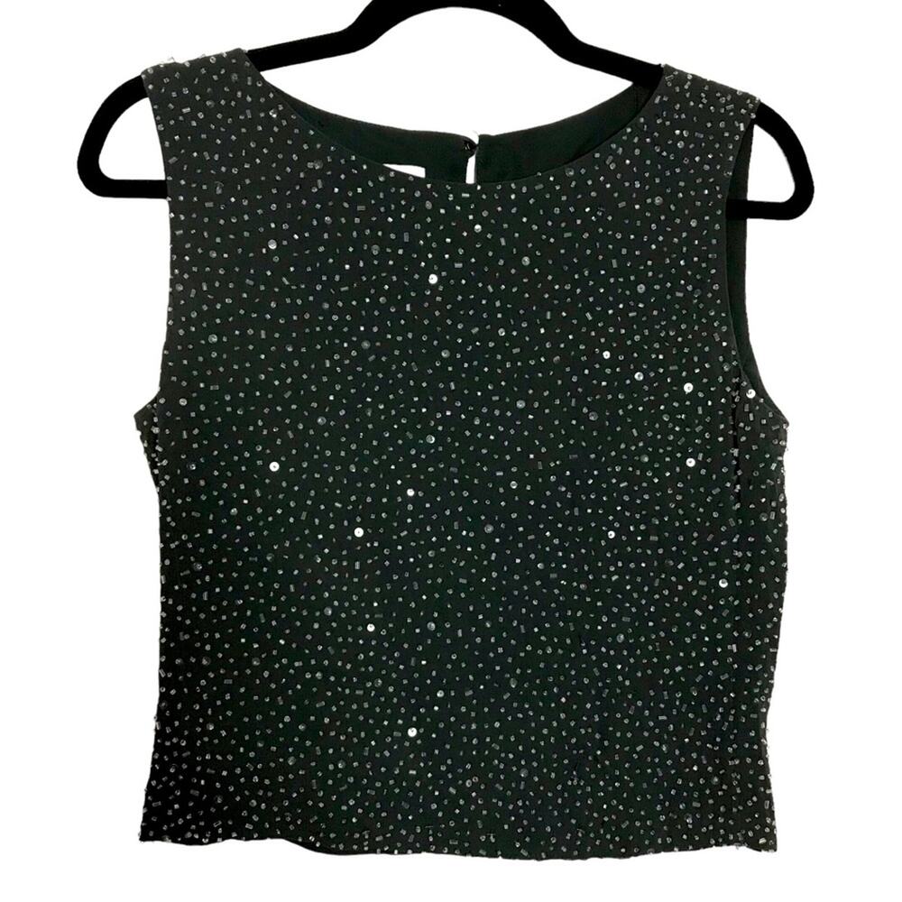 Armani Collezioni Silk Beaded Lined Charcoal Grey Black Sleeveless Evening Top 6 - Picture 1 of 9